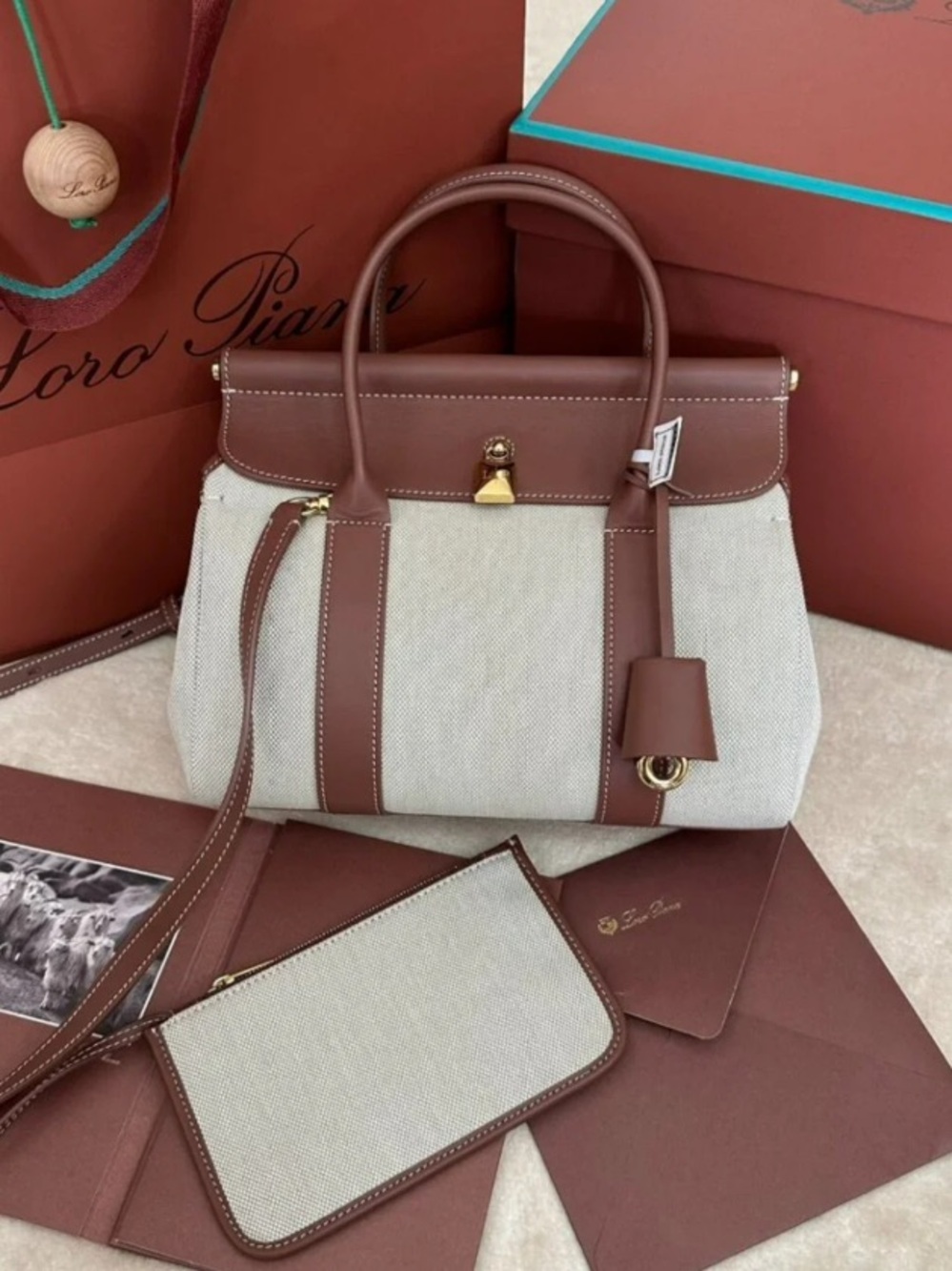 New Loro Piana Loom Bag L25 Canvas & Leather Luxury Women Top Handle Bag